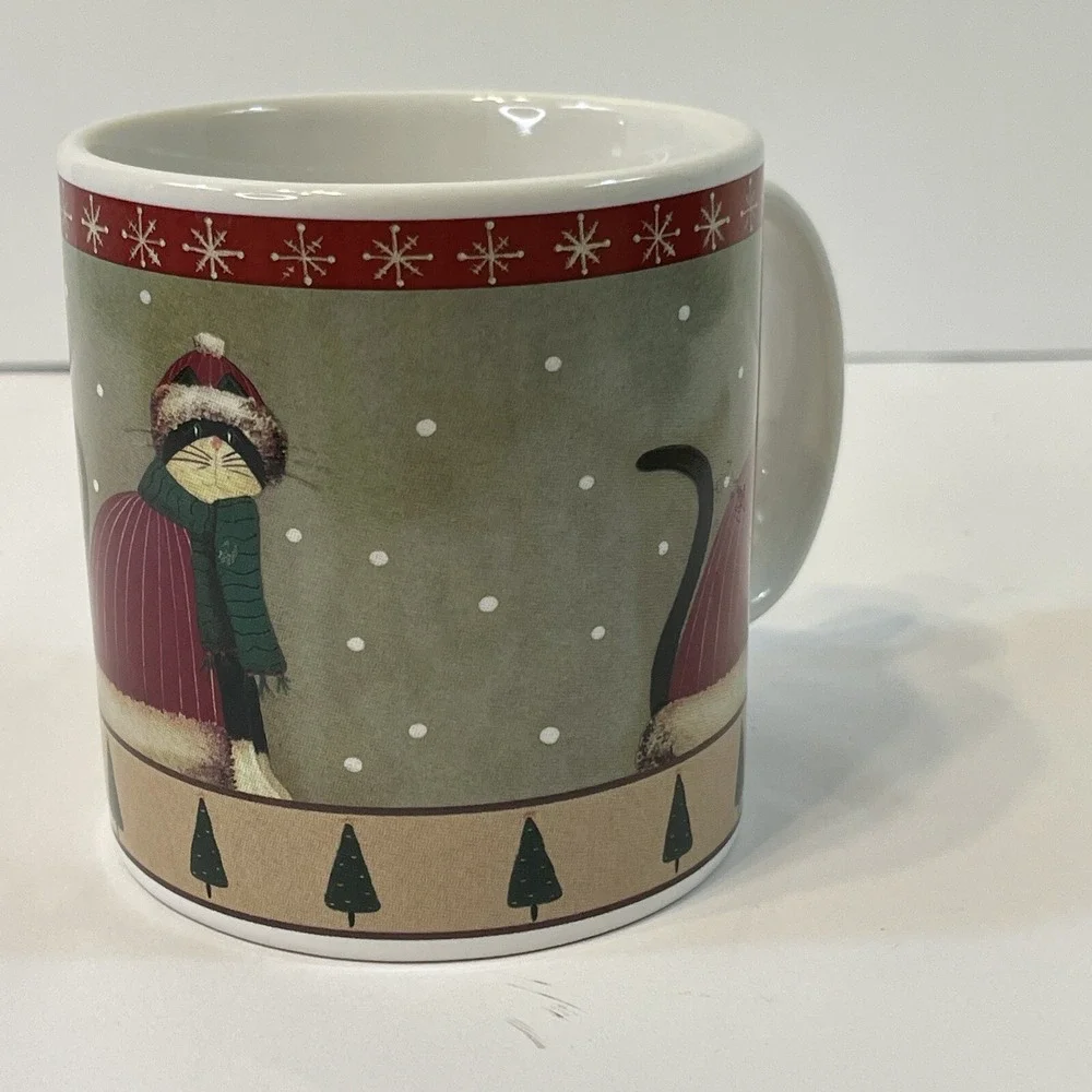 Oneida Holiday Cats Coffee Cup Mug Christmas Fiddlestix Red Sweater Trees Snow